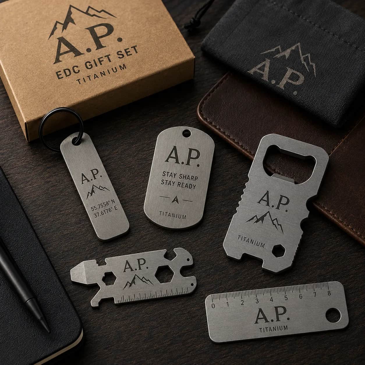 Титановый EDC-набор с персональной гравировкой в подарочной коробке.