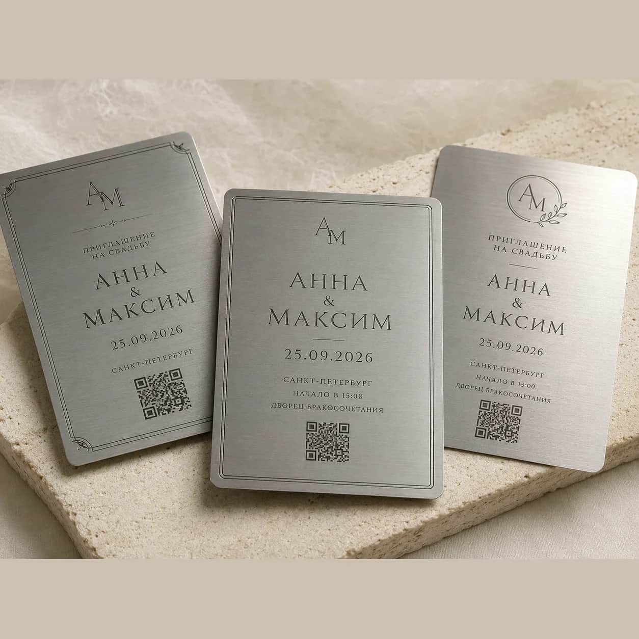 Металлические свадебные приглашения с именами, датой и QR-кодом.