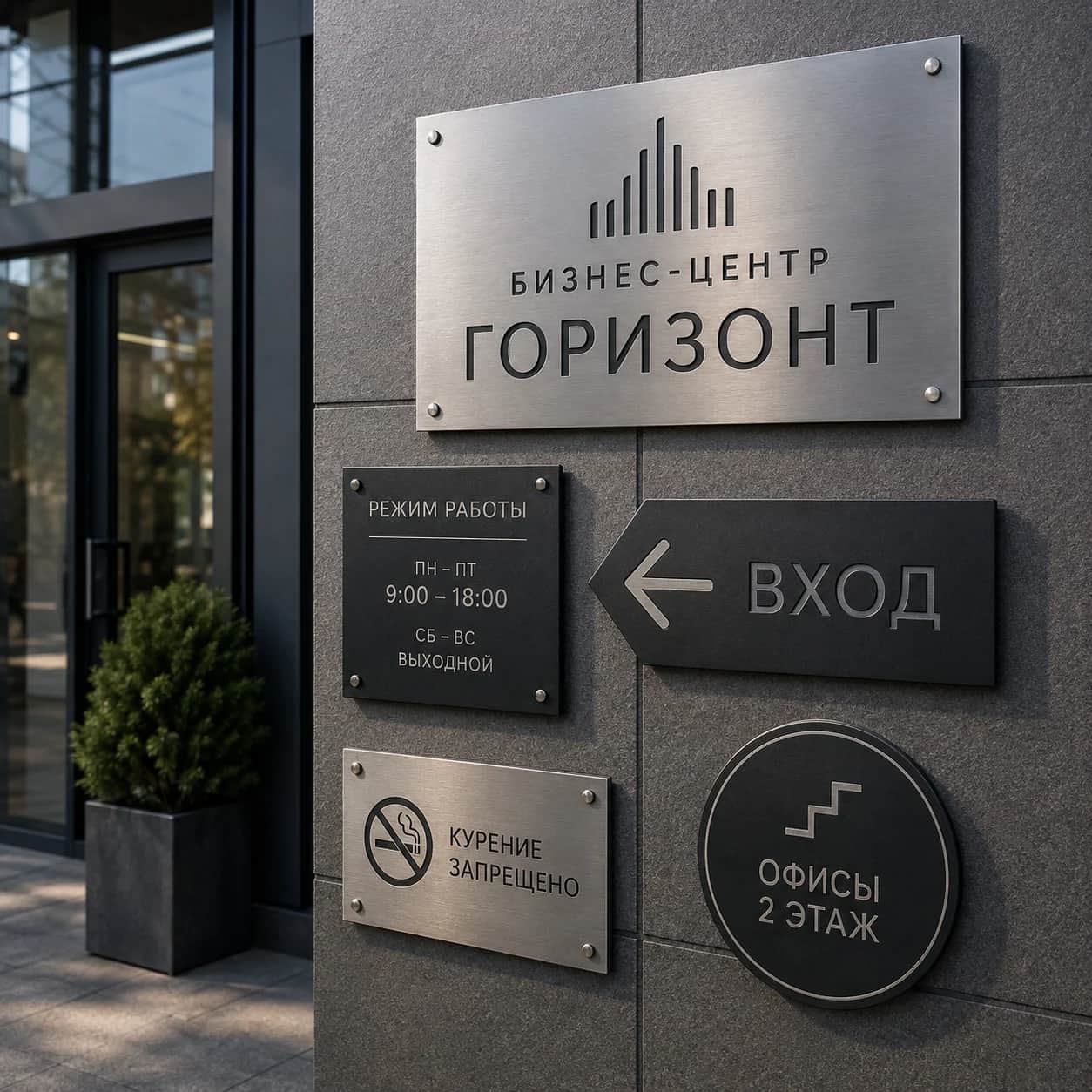Комплект фасадной и навигационной металлической маркировки размещён у входа бизнес-центра