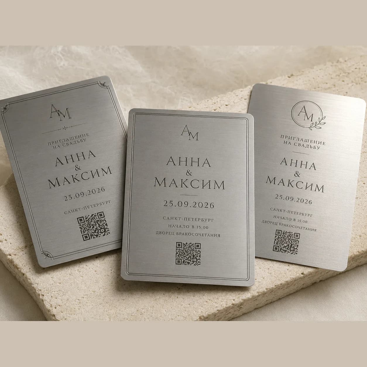 Металлические свадебные приглашения с именами, датой и QR-кодом.