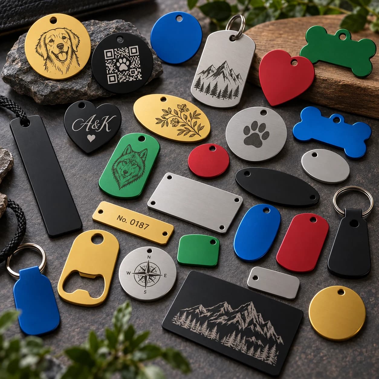 Цветные анодированные алюминиевые заготовки: anodized pet tags and keychains display