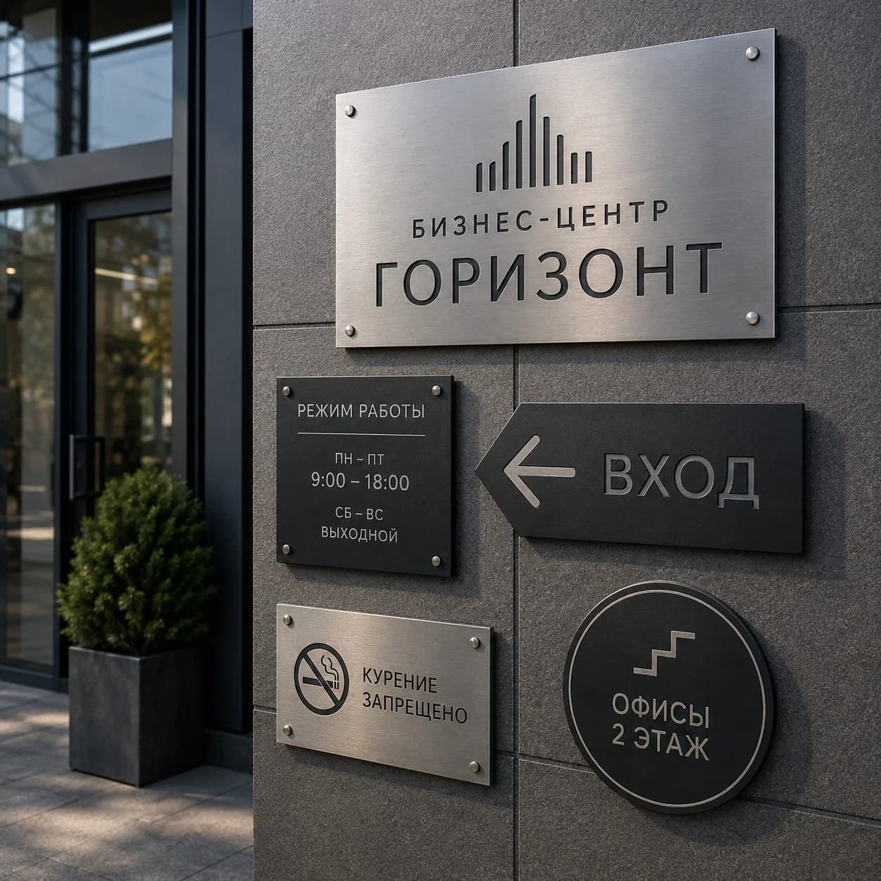 Комплект фасадной и навигационной металлической маркировки размещён у входа бизнес-центра