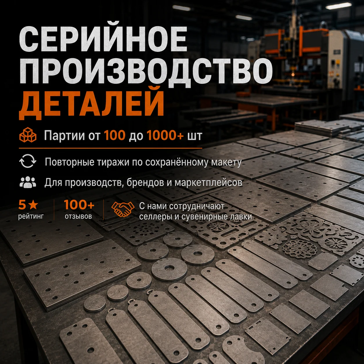 Серийные металлические детали: матовая; ровные партии одинаковых деталей; фон — большой производственный стол и станок.