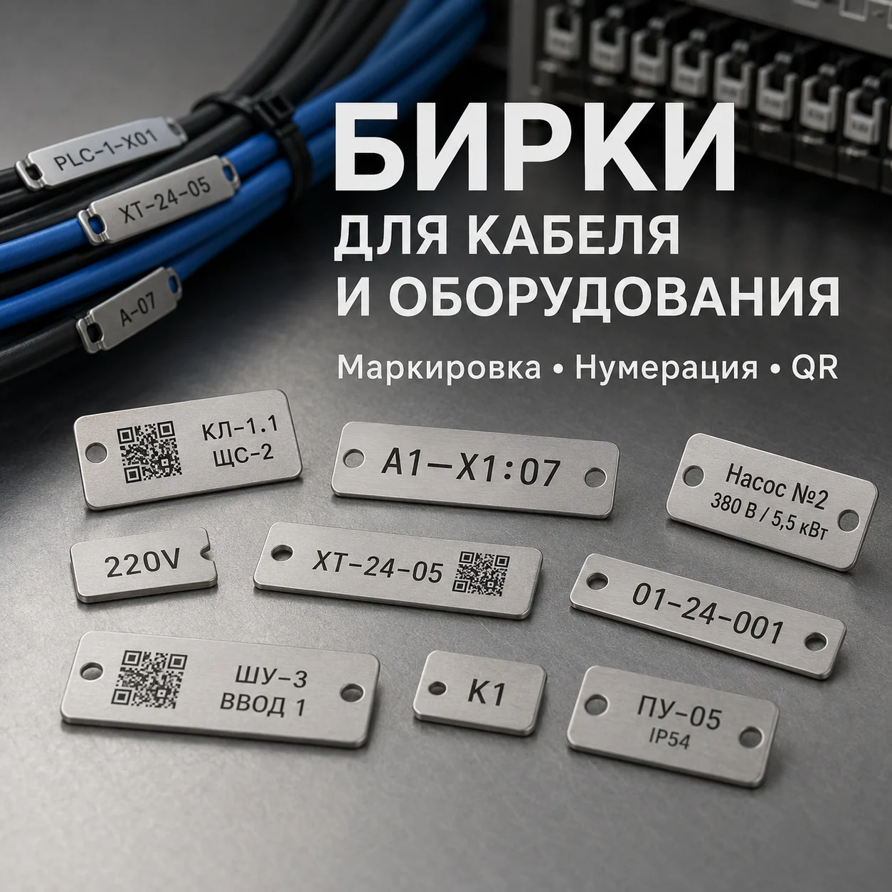 Бирки для кабеля и оборудования: сатинированная; обозначения кабелей, напряжение, номера, QR-коды; фон — кабели, клеммный шкаф и металлический стол.