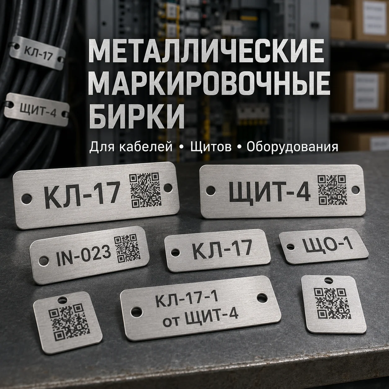 Металлические маркировочные бирки: сатинированная; обозначения кабелей и щитов, QR-коды; фон — электрощит, кабели и складские коробки.