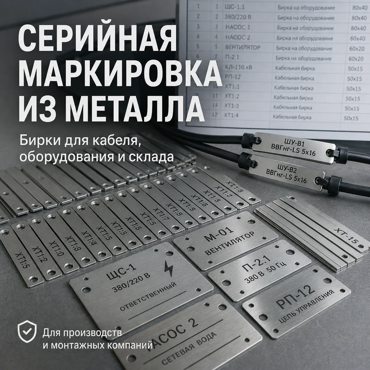 Серийная маркировка из металла: сатинированная; номера кабелей, электрощитов, оборудования и предупреждения; фон — кабели, таблица Excel и производственный стол.