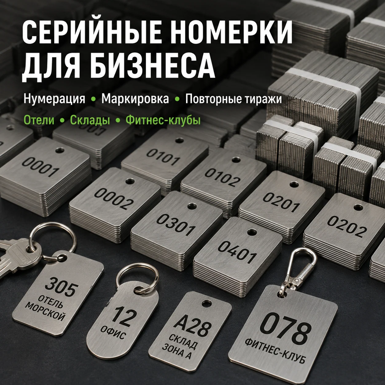 Серийные металлические номерки: сатинированная; партии номерков и готовые брелоки для гостиниц, складов, фитнес-клубов; фон — чёрный производственный стол.
