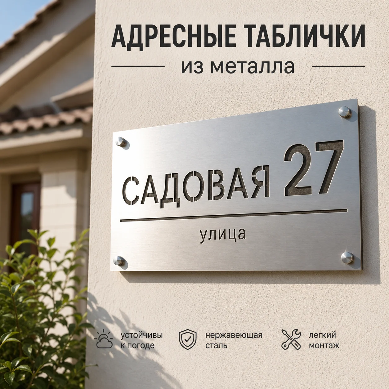 Серебристая адресная табличка из нержавеющей стали «Садовая 27» на светлом фасаде частного дома.