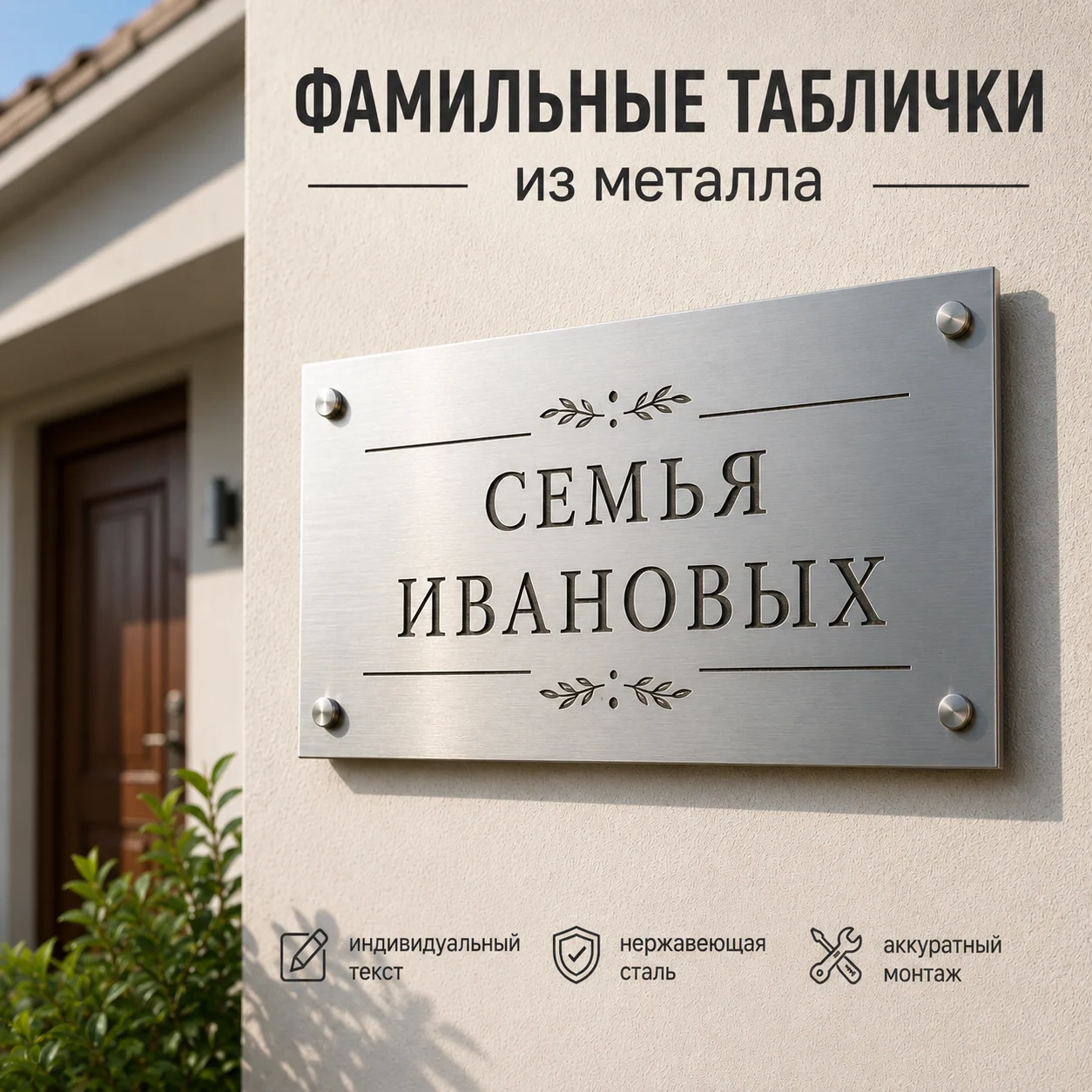 Серебристая фамильная табличка из нержавеющей стали «Семья Ивановых» на фасаде у входной двери.