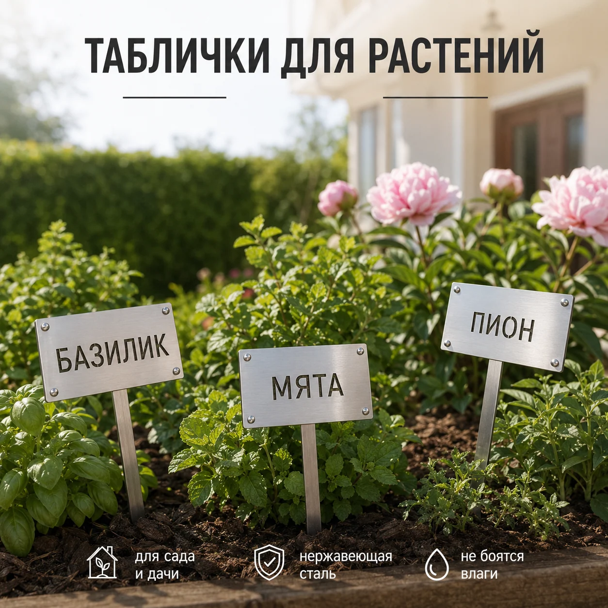 Три серебристые таблички для растений «Базилик», «Мята» и «Пион» в цветущей садовой клумбе.