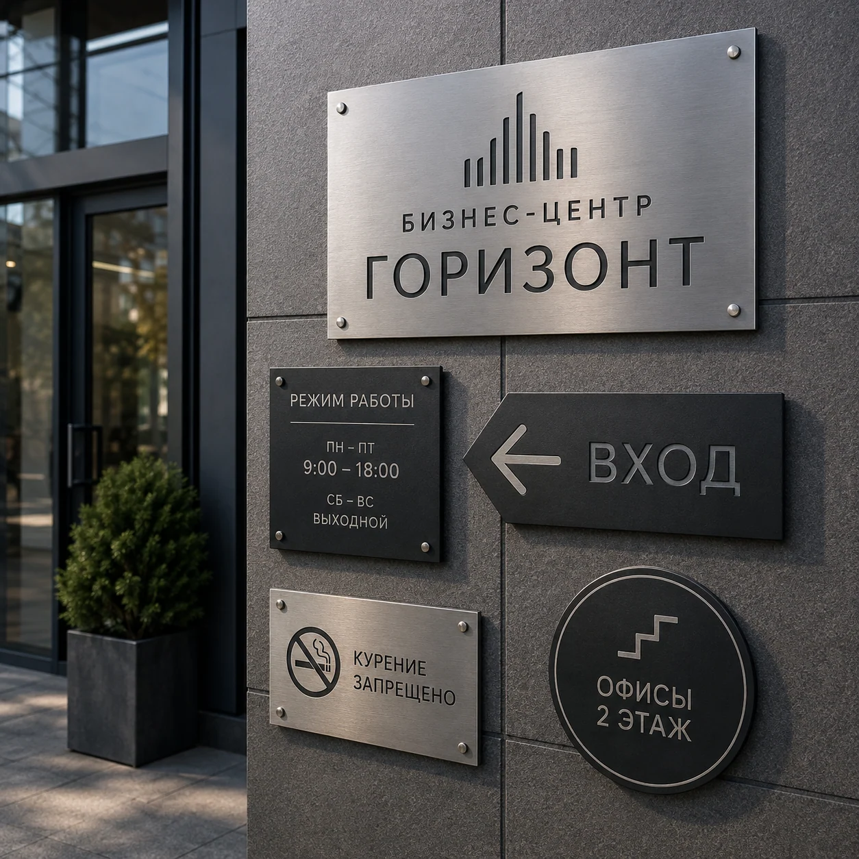 Комплект фасадной и навигационной металлической маркировки размещён у входа бизнес-центра