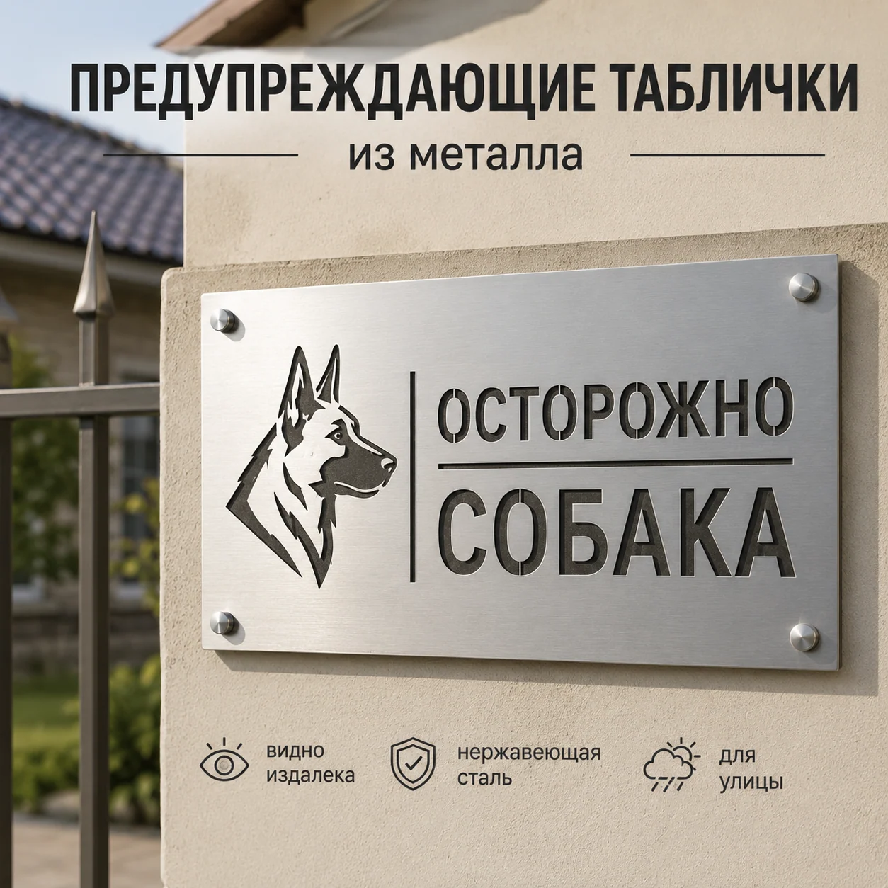 Серебристая предупреждающая табличка «Осторожно, собака» с профилем овчарки на уличной стене.