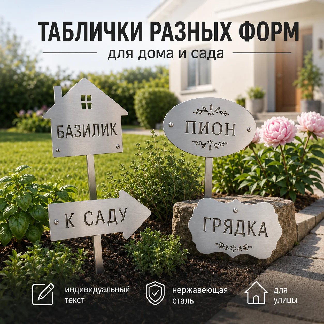 Четыре серебристые садовые таблички в форме домика, овала, стрелки и фигурной рамки в клумбе.