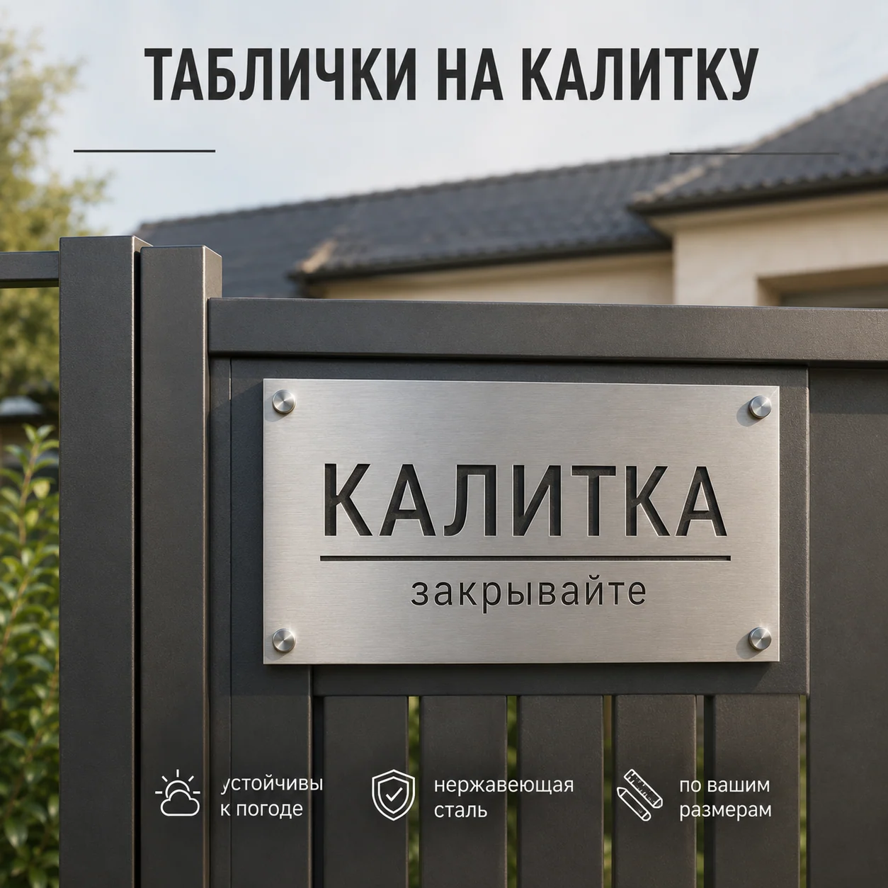 Серебристая металлическая табличка «Калитка, закрывайте» на тёмной калитке частного дома.