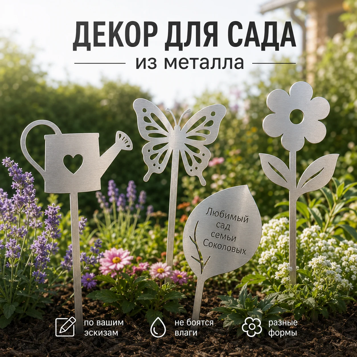Серебристые садовые фигурки из металла в виде лейки, бабочки, листа с надписью и цветка в клумбе.