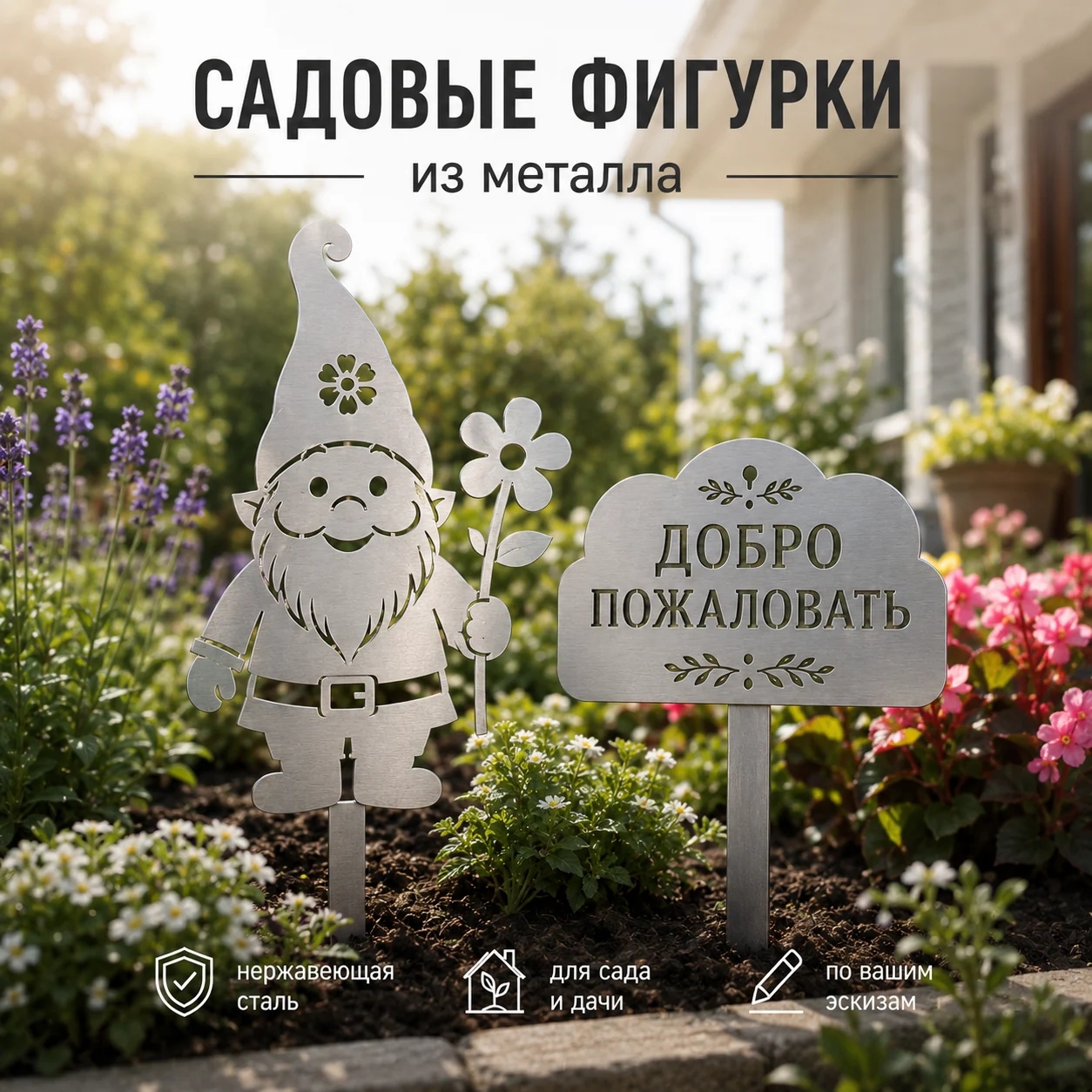 Серебристая садовая фигурка гнома с цветком и металлическая табличка «Добро пожаловать» в клумбе.